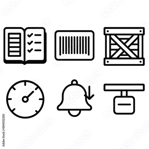 Inventory Control Icons. Inventory Control Elements linear set: stock ledger, barcode tile, item crate, quantity meter, reorder cue, shelf marker.