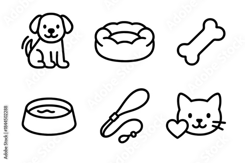 Animal Care Icons. Animal friends set linear set: wagging tail, soft cushion, treat piece, water dish, gentle leash, comfort heart.