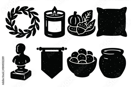 Brutalist Home Decor Icons. Rotating decor elements silhouette set: natural wreath, scented candle jar, seasonal tray, textured pillow, small figurine, fabric banner, bowl filler,