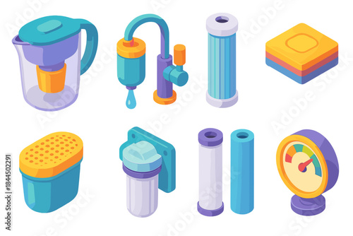 Colorful Filtration Icons. Filtration system items flat isometric set: pitcher vessel, faucet purifier, under-sink cartridge tube, sediment layer plate, activated carbon pod,