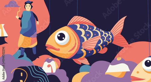 Artistic and colorful illustration of a large fish lantern, a person, and other abstract shapes in a whimsical, dreamlike scene.