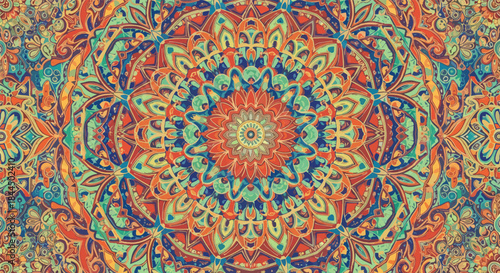 Vibrantly colored, symmetrical kaleidoscope mandala background with intricate patterns in shades of orange, blue, and green.