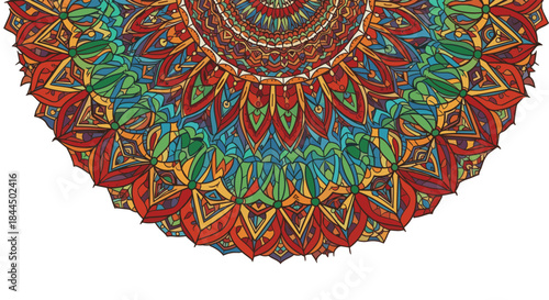 Colorful partial mandala design with intricate geometric and floral patterns, leaving a large blank copy space at the bottom.