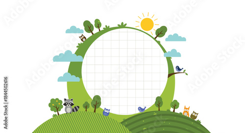 Children's school schedule or timetable template with a round grid frame surrounded by a cute cartoon nature scene with animals.