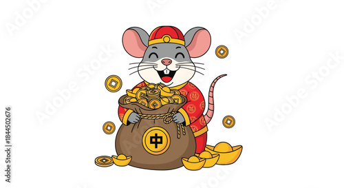 Cute cartoon rat in a red traditional costume celebrating Chinese New Year, holding a bag of gold coins for wealth and prosperity.