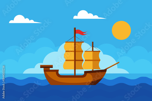 Cartoon sailboat with orange sails on a blue ocean under a sunny sky