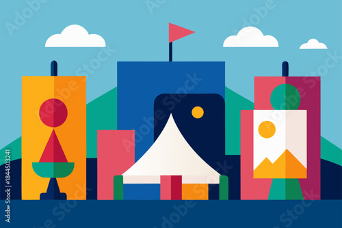 Abstract geometric cityscape with colorful buildings and clouds