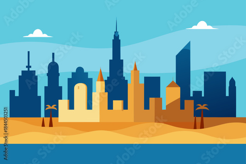 Modern city skyline with desert landscape and ocean view