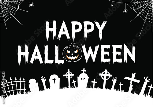 Happy Halloween Spooky Graveyard Scene with Jack-o-Lantern.