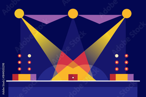 Stage with spotlights and colorful lighting effects in a modern flat design