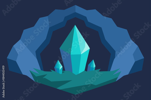 Glowing blue crystals in a dark cave entrance