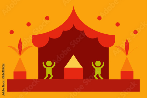 Abstract circus tent with joyful figures and festive decorations