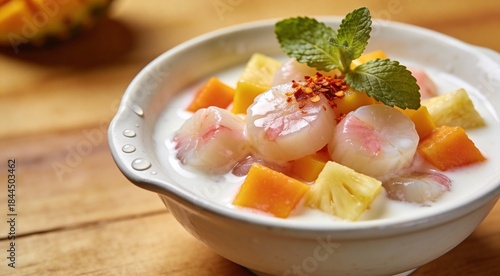 Scallops ceviche with mango and pineapple in coconut milk, thai style, copy space