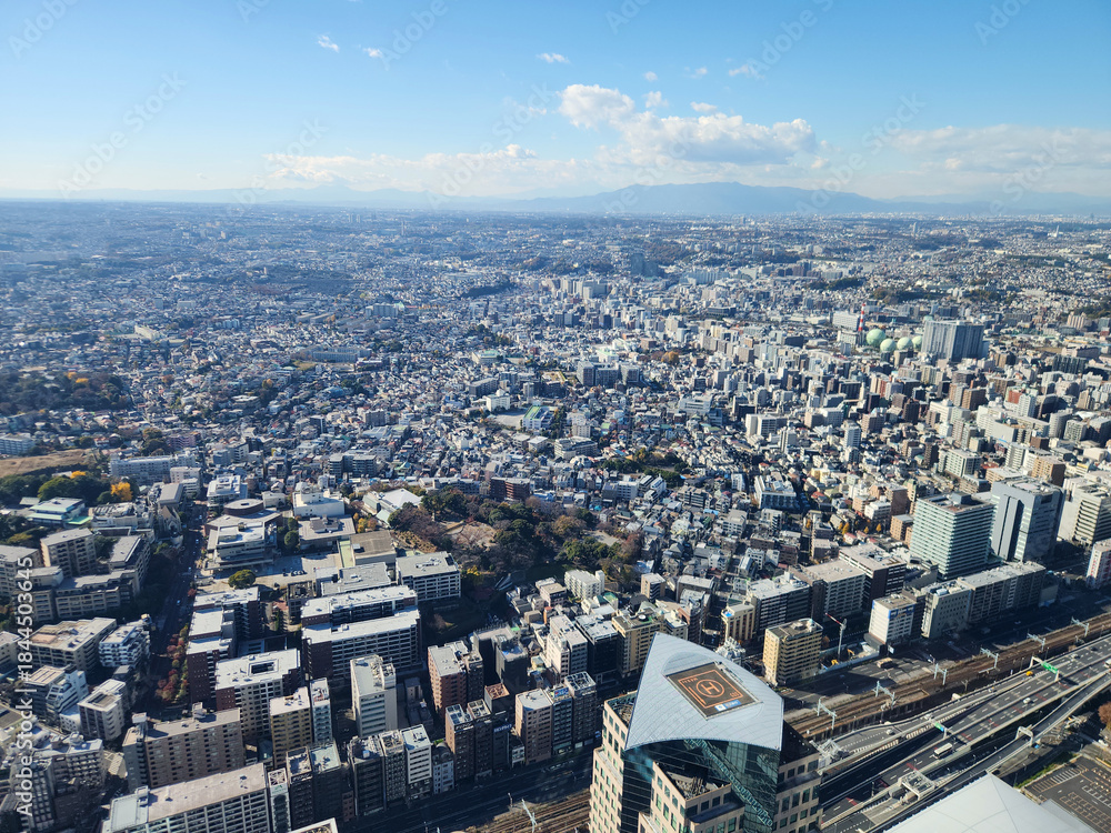 Fototapeta premium 上空から見下ろしたみなとみらいの街並みと海