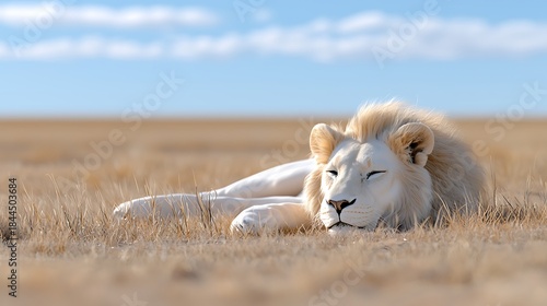 Magnificent white lion resting peacefully in a golden field under a clear blue sky