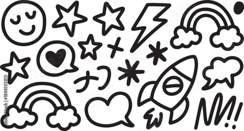 A playful collection of hand drawn black and white doodle icons featuring stars rainbows and a rocket ship