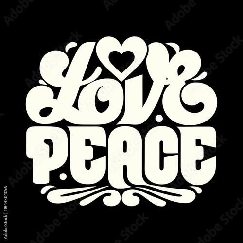 Love Peace retro lettering with heart and swirls love peace lettering