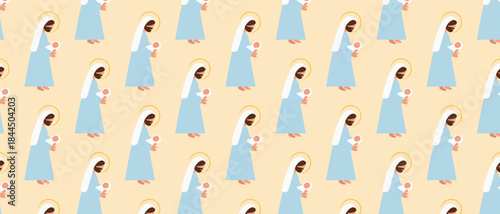 Cute Seamless Pattern with Joseph Holding Baby Jesus — Nativity Cartoon Illustration for Kids