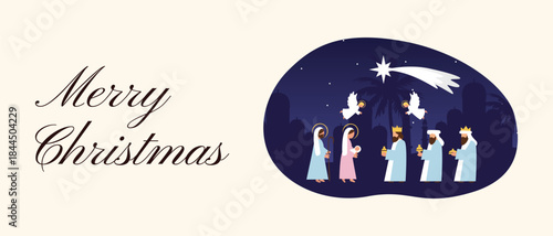 Warm Christmas Greeting Card with Holy Family — Mary, Joseph, Baby Jesus Three Wise Men under the Star of Bethlehem, Pastel Nativity Artwork