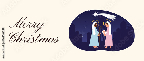 Merry Christmas Nativity Banner with Holy Family, Manger Scene and Star of Bethlehem in Night Sky
