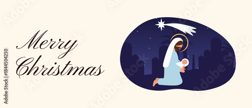 Merry Christmas Web Banner Featuring Joseph Holding Baby Jesus under a Starry Night Sky with the Star of Bethlehem