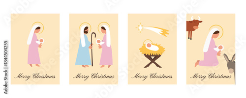 Set of Warm Pastel Christmas Cards with Nativity Scenes — Holy Family, Angels, Stable Animals and Baby Jesus in the Manger