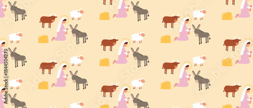 Cute Christmas Seamless Pattern with Mary Holding Baby Jesus and Stable Animals — Soft Pastel Nativity Illustration