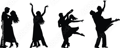 Romantic dancing couple silhouette illustration set with elegant ballroom poses, black vector collection for love, wedding, tango and performance design projects