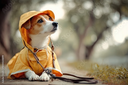 Fototapeta Naklejka Na Ścianę i Meble -  Jack Russell Terrier dog dressed in clothes in autumn forest. Cute puppy wearing yellow raincoat rain slicker close up portrait. Pretty small little dog outdoor dress, jacket on fall season. Banner