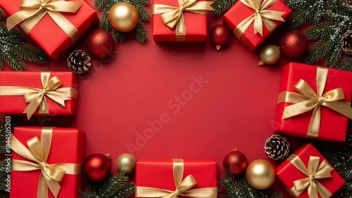 Red Christmas background with gift boxes, ornaments and pine branches forming festive border with copy space


