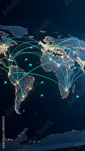 Global network and communication technology with interconnected world map illustration. Represents international connectivity, digital innovation, and global business concepts.