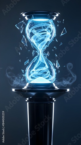 Abstract hourglass, time concept, ephemeral blue energy, and breaking glass, representing change and time. Creative digital art for science, future, or concept visuals.