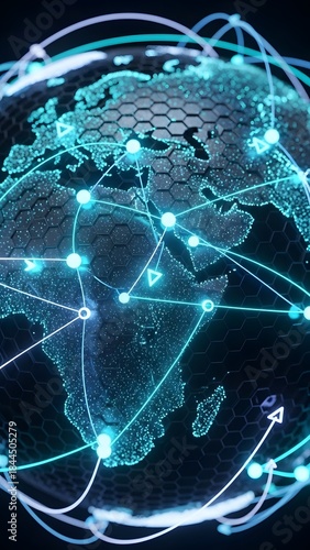 Global digital network on planet Earth, representing worldwide communication, connectivity and technology. High-tech illustration ideal for futuristic concepts and the information age.