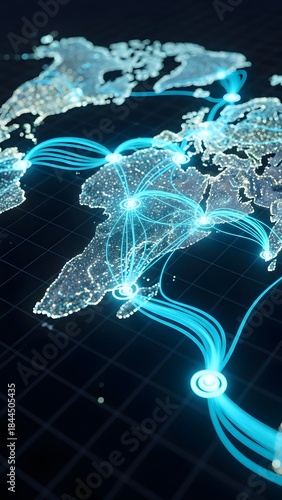 Global network connections illuminating the world map, showcasing technology and data transfer. Concept for international communication and digital advancement.