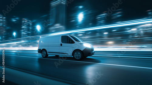 White cargo van speeding on modern highway at night cityscape background with motion blur urban transportation fast delivery dynamic futuristic energetic illuminated scene