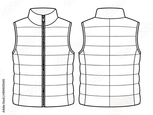 Puffer Vest Front and Back View Fashion Sketch.