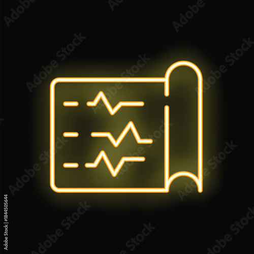 Brightly glowing yellow neon sign illustrating an electrocardiogram report, symbolizing heart health and medical diagnostics