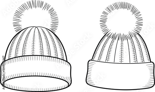 Black and white line art drawings of two pom-pom beanies with ribbed texture Keywords: beanie, hat, winter hat, pom-pom, bobble