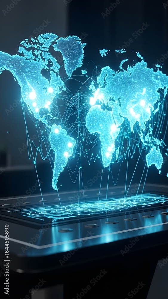 Obraz premium Futuristic holographic world map projection on digital tablet, representing global connectivity and technological innovation. High-tech concept with data visualization. 