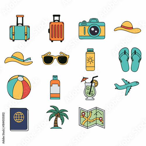 travel, holiday and vacation icons set on white background