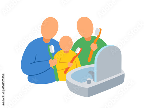 Family Brushing Teeth Together with Toothbrushes.