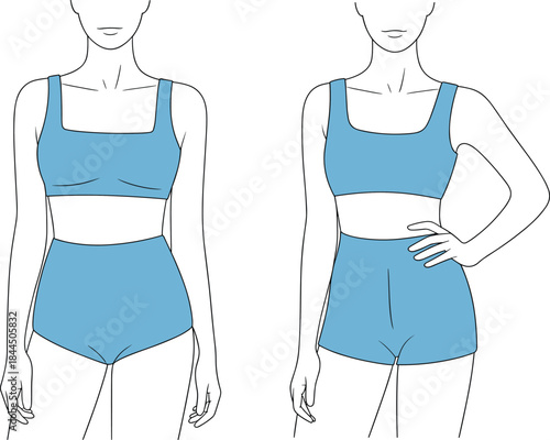 Blue line art fashion illustrations of two women wearing high-waisted bikini sets Keywords: bikini, swimwear, swimsuit