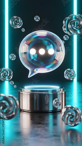 Futuristic chat bubble concept with neon illumination, symbolizing communication and technology. Innovative abstract design for digital platforms, AI, and information exchange.