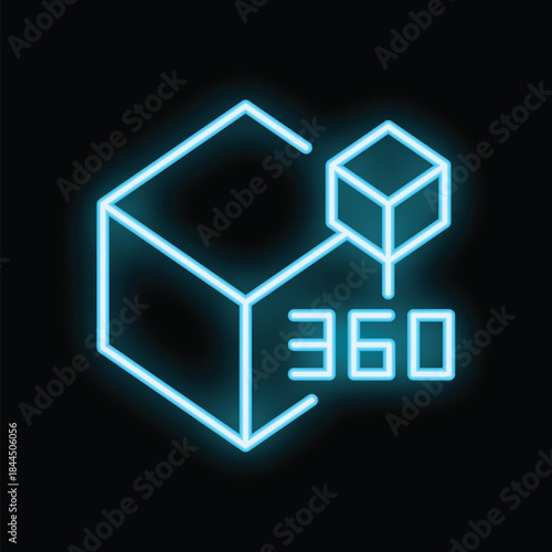 Blue neon glowing 360 degrees rotating product view concept icon isolated on black background