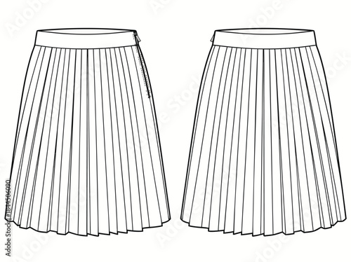 Pleated Skirt Fashion Design Flat Sketch.