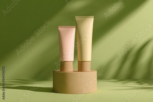 Mockup of two pink beige beauty product tubes placed on empty stand against a green background. Soft shadows. Beauty skincare container promotion. Cosmetic blank package sleek design. Skin care