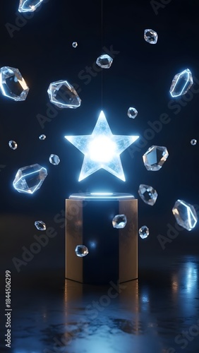 Glowing star on a pedestal surrounded by levitating crystals in a futuristic, artistic composition. Digital art promoting creativity, innovation, and cosmic inspiration.