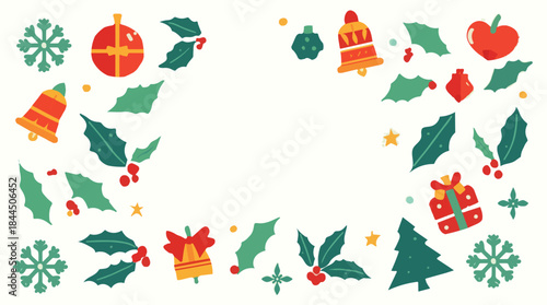Vector illustration of a happy holiday banner featuring a flat design style with bold shapes and vibrant colors, incorporating iconic holiday symbols
