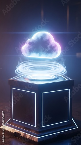 Abstract futuristic cloud computing concept with neon lights. High-tech digital data storage and processing visualization with dark background. 