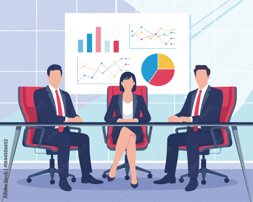 Fototapeta premium Team Collaboration Discussion in Conference Room with Charts and Graphs on Screen Flat Vector